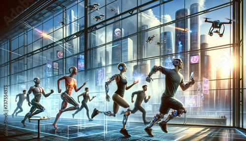Cybernetic Beings Engaging in a Futuristic Workout in a High-Tech Gym Overlooking the City