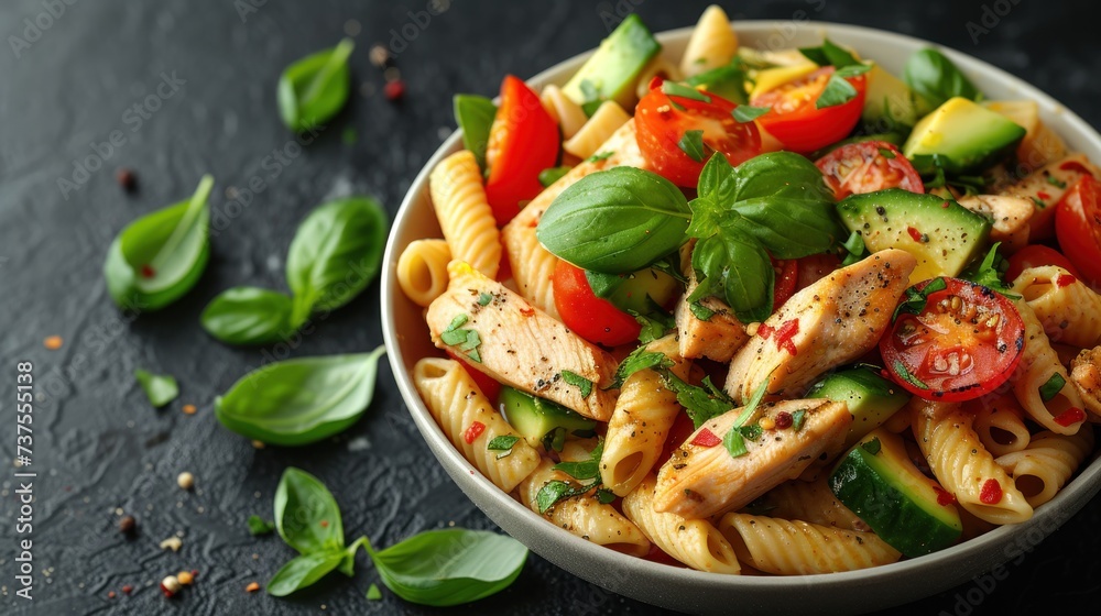 a bowl of pasta salad with chicken, tomatoes, cucumbers, and spinach on a black surface. a bowl of pasta salad with chicken, tomatoes, cucumbers, and spinach on a black surface.