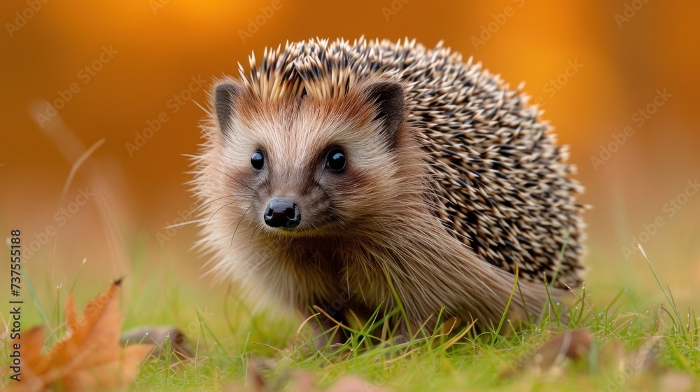 a close up of a small hedgehog in a field of grass with a leaf in the foreground and a blurry background. a close up of a small hedgehog in a field of grass with a leaf in the foreground and a blurry background.