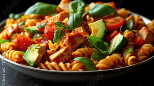 a close up of a bowl of pasta with meat and veggies on a black table with a black background.