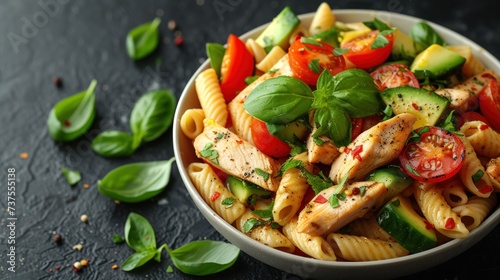 a bowl of pasta salad with chicken, tomatoes, cucumbers, and spinach on a black surface.