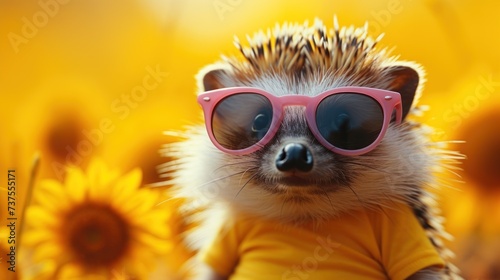 a hedgehog wearing sunglasses and a t - shirt stands in a field of sunflowers in front of a bright yellow background.