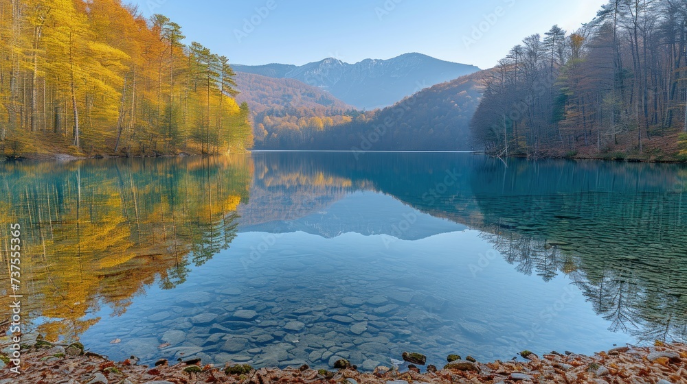 a body of water surrounded by a forest filled with lots of green and yellow trees with a mountain in the background.