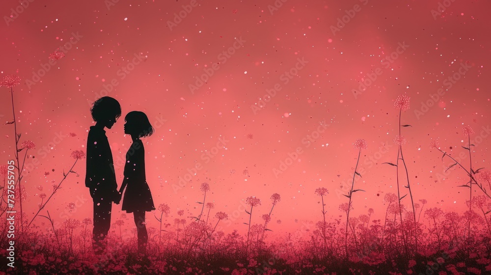 a couple of people standing next to each other in a field of tall grass with a red sky in the background.