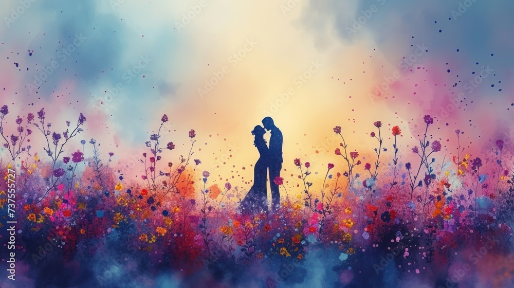 a painting of a man and a woman kissing in a field of flowers with the sun setting in the background.