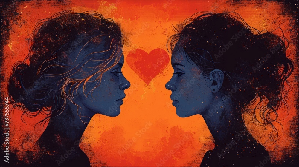 a painting of two women facing each other with a heart in the middle of ...