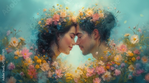 a painting of two people facing each other with flowers in their hair and flowers in their hair, in front of a blue sky.