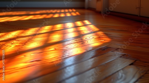 a room with a wooden floor and a light coming in through the blinds of the light coming in through the window.