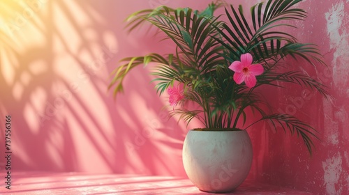 a potted plant with pink flowers sitting on a table in front of a pink wall with a shadow cast on it.