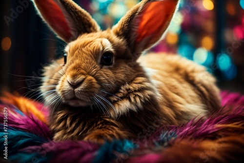A majestic rabbit with fur as soft as velvet, surrounded by a kaleidoscope of vibrant colors in a stunningly.