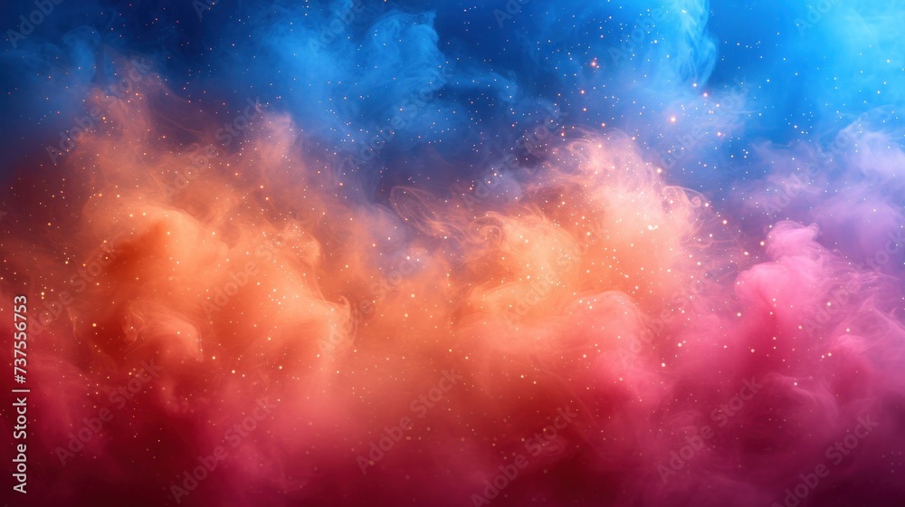 a blue, red, and pink cloud filled with stars on a blue sky filled with white and pink clouds.