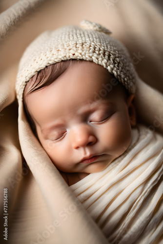 newborn baby in a beige blanket sleeping on a pastel beige background