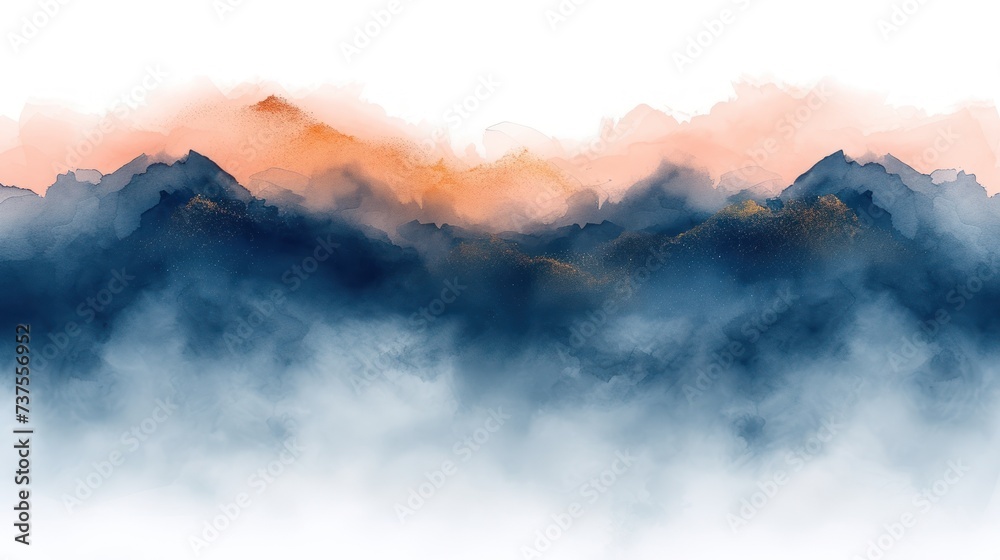 a painting of a mountain range with orange and blue smoke coming out of the top and bottom of the mountain.