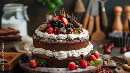 chocolate cake with whipped cream and fruits  generative ai