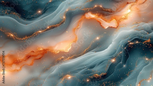 a close up of a computer generated image of gold and white swirls and sparkles on a blue background.