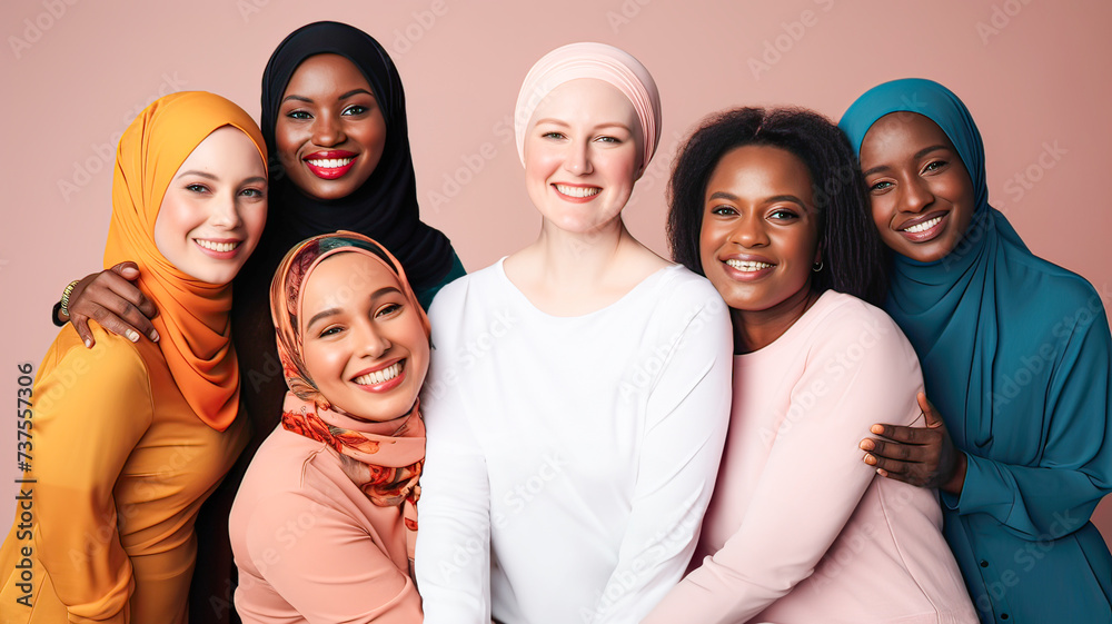 Women of varied backgrounds, dressed in pastels, radiate friendship, empowerment, and unity. Women of varied backgrounds, dressed in pastels, radiate friendship, empowerment, and unity.