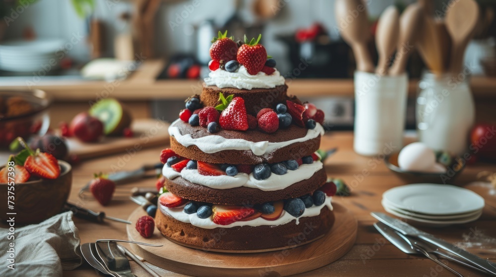 chocolate cake with whipped cream and fruits, generative ai