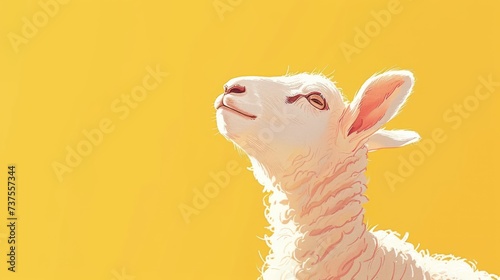a close up of a llama looking up into the sky with a yellow sky in the background and a yellow sky in the background.