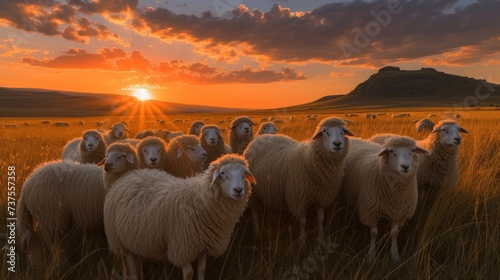 a herd of sheep standing next to each other on a lush green field under a bright orange and blue sky. © Shanti