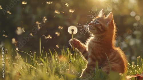 Young cat plays with dandelion in Back light on green meadow