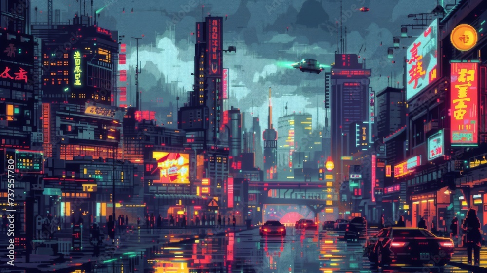 In the heart of the bustling metropolis, rain-drenched streets reflect the neon lights of towering skyscrapers, creating a vibrant cityscape that embodies the dynamic energy of urban life