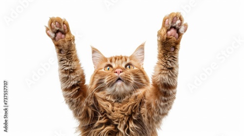 adult fluffy red cat sitting and raised its front paws up, imitation of holding any object, animal isolated on a white background photo