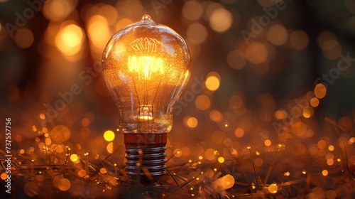 a light bulb sitting on top of a pile of grass with a blurry background of lights in the background.