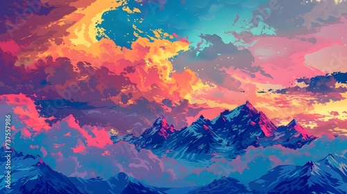 sky and clouds over mountain range and sunset, in the style of colorful realism, rich color palette, landscape realism, frostpunk, colorful drawings, colorful pixel-art, precisionist art  photo