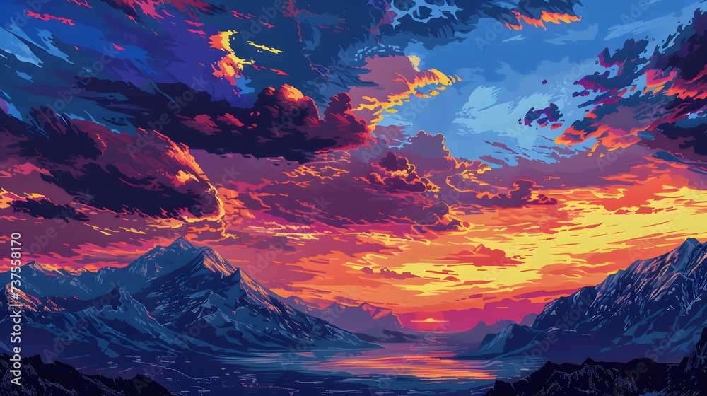 Obraz premium sky and clouds over mountain range and sunset, in the style of colorful realism, rich color palette, landscape realism, frostpunk, colorful drawings, colorful pixel-art, precisionist art 