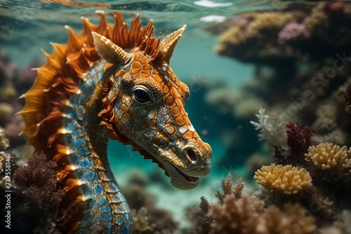 A majestic mediterranean seahorse glides gracefully through the crystal clear waters. © Naveen