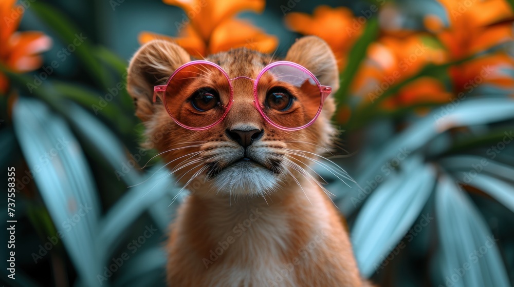 a close up of a cat wearing a pair of pink glasses with orange flowers in the back ground behind it.