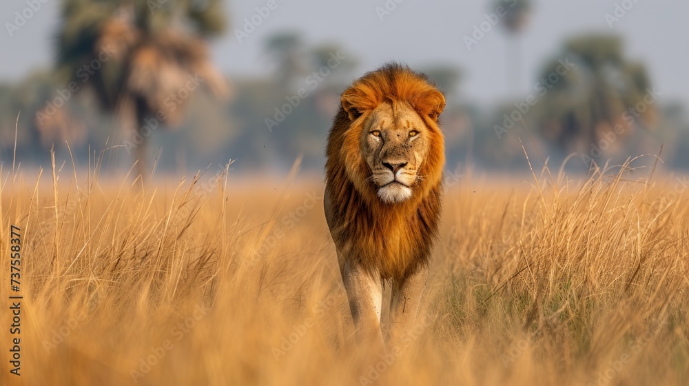 a lion is walking through a field of tall grass with palm trees in the backgrouds of the background.