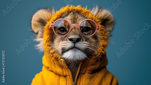 a cheetah wearing a yellow jacket and pink glasses with a hoodie on it's head and a blue background.