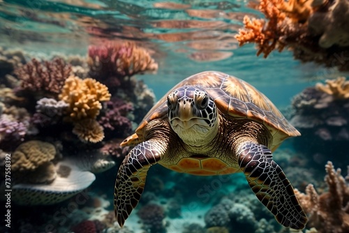 A majestic sea turtle glides through crystal clear water.