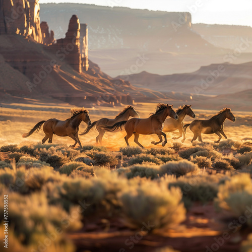 Wild Horses Galloping in Desert Landscape at Sunset