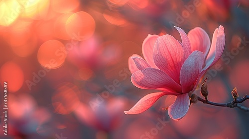 a close up of a pink flower on a branch with blurry lights in the backround of the picture.