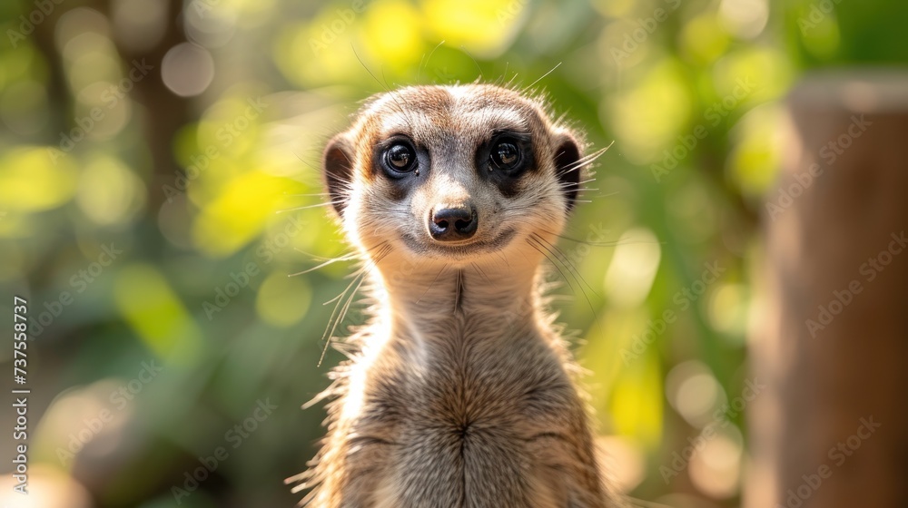 a close up of a meerkat looking at the camera with a blurry background of trees in the background. a close up of a meerkat looking at the camera with a blurry background of trees in the background.