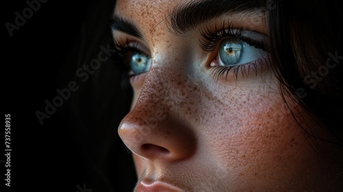 a close up of a woman's face with freckles of freckled freckles on her face.