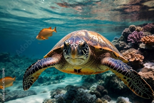 A majestic sea turtle glides through crystal clear waters, its vibrant shell reflecting the colorful coral reef below. Illustration for world wildlife day 2024