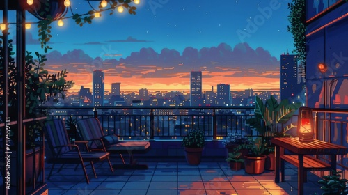 An outdoor balcony overlooking a vibrant cityscape, with skyscrapers reaching towards the sky as the sun sets behind a silhouette of trees and furniture adorns the space