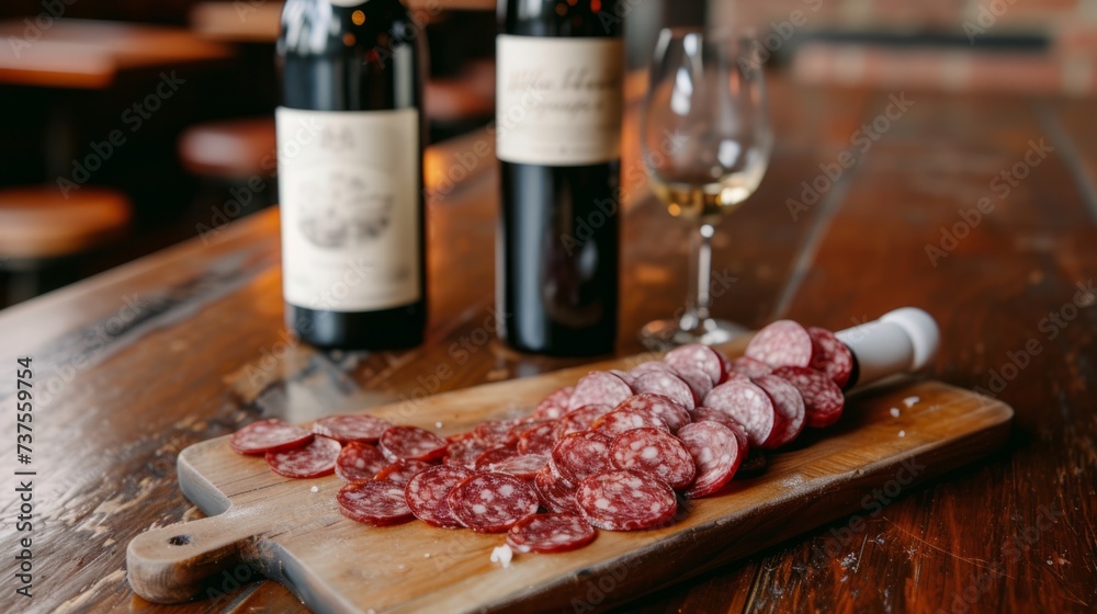 plate of salami with pepperoni, served on a board, with a bottle of wine next to it generative ai