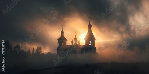 a church with a fog in the background, in the style of dark fairy tales, uhd image, landscape photography, national geographic photo, dark gray and amber, celebration of rural life, sony alpha a7 iii 