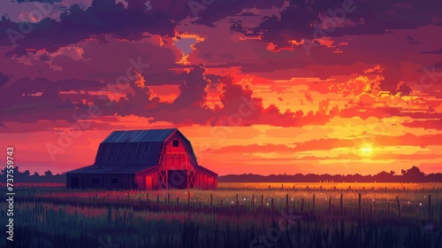 As the sun sets over the rural landscape, a red barn stands tall among the fields, its silhouette contrasted against the afterglow of the sky, while clouds float lazily above and the grass sways gent photo