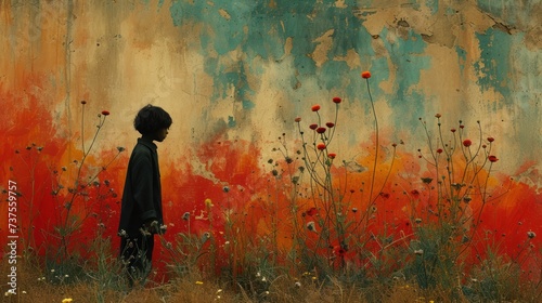 a painting of a boy standing in front of a field of wildflowers with a painted wall behind him.