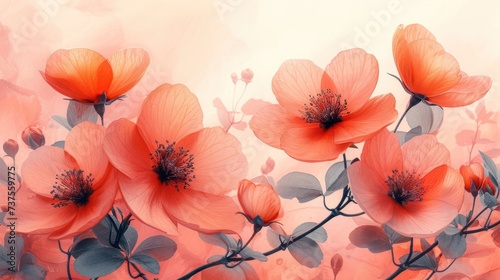 a close up of a bunch of flowers on a branch with leaves and flowers on a white and orange background. © Shanti