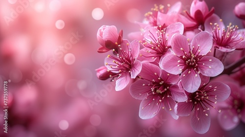a close up of a bunch of pink flowers on a branch with boke of light in the back ground. © Shanti