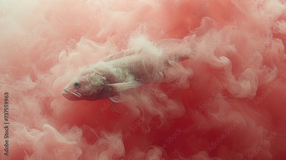 a fish floating in a body of water surrounded by red and white smoke and water vapors on a red background. - obrazy, fototapety, plakaty 