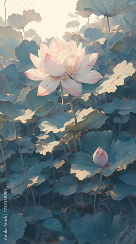 Pale pink lotus flower blooming above blue lily pads, with a soft light creating a tranquil atmosphere