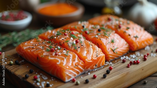 a close up of salmon on a cutting board with spices and seasonings on the side of the board and a bowl of tomatoes in the background.