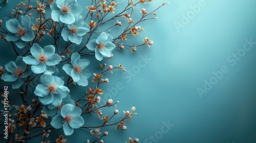 a bunch of blue flowers on a teal background with space for a text or an image to put on it.